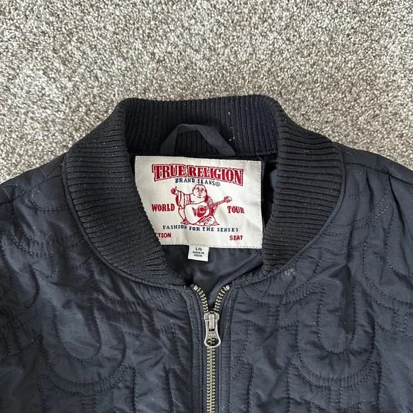True Religion Bomber Jacket Black Quilted Horseshoe Logo Men's Large